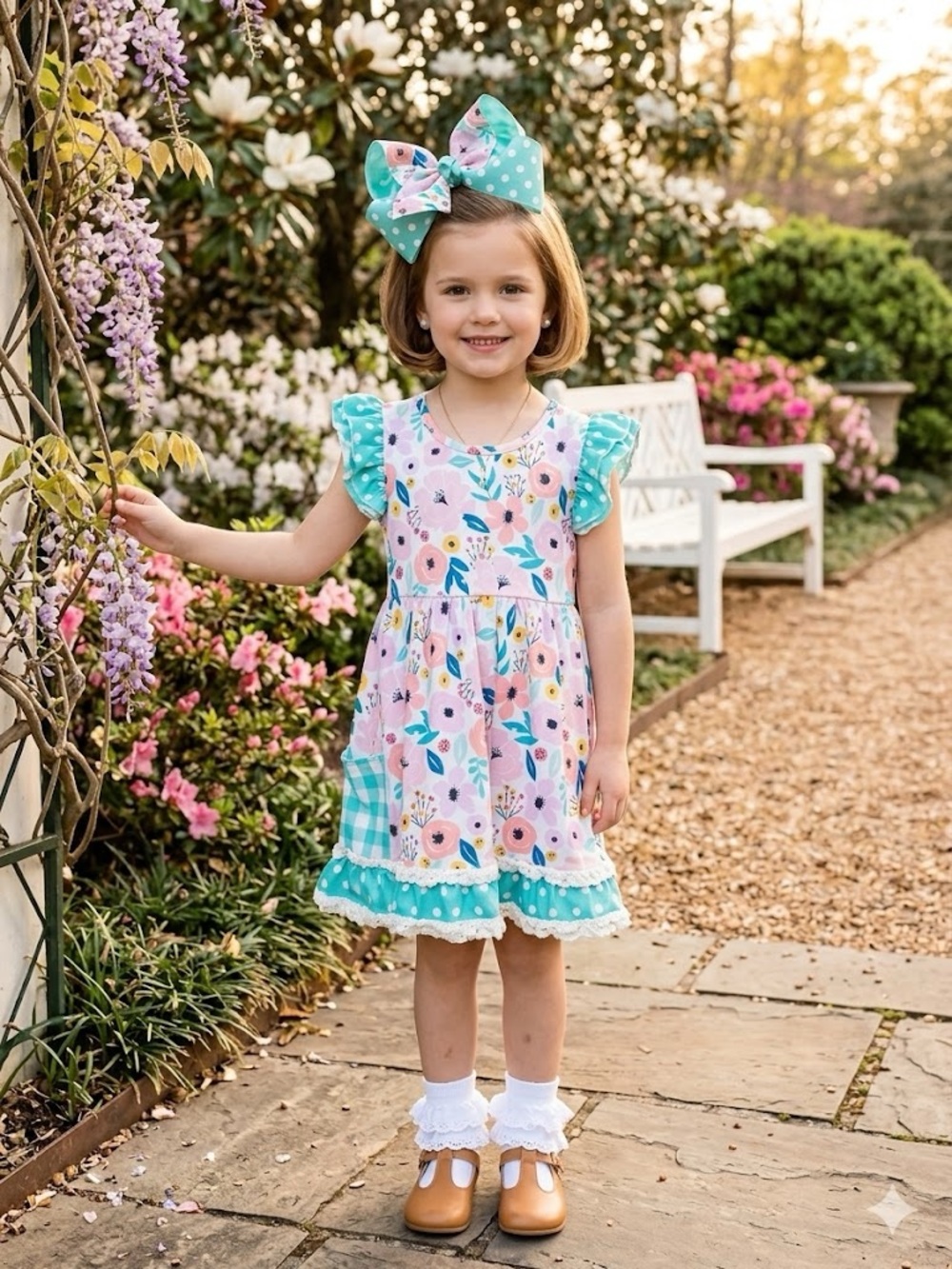 Girls Floral Ruffle Sleeve Dress in Pink and Teal by Clover Cottage Size 5-6